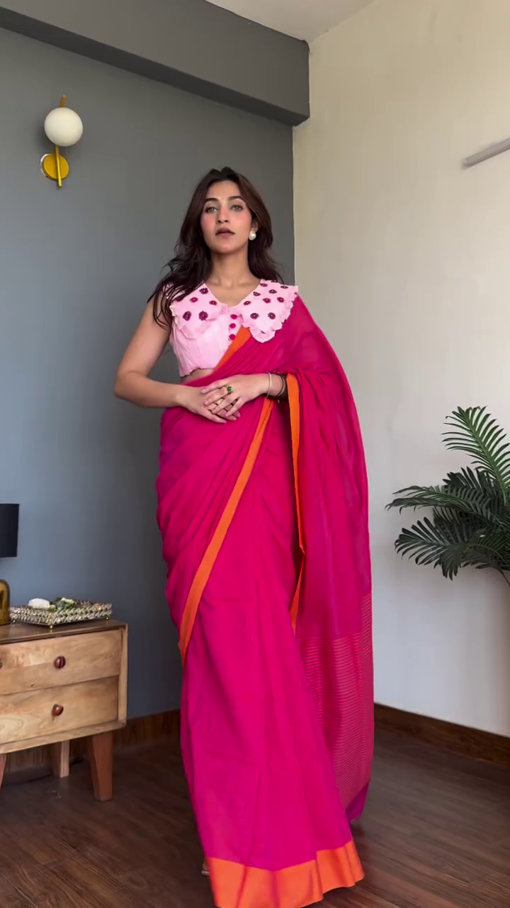 Hot Pink Cotton Saree with Contrast Orange Border for Women | Elegant Casual & Festive Wear Saree